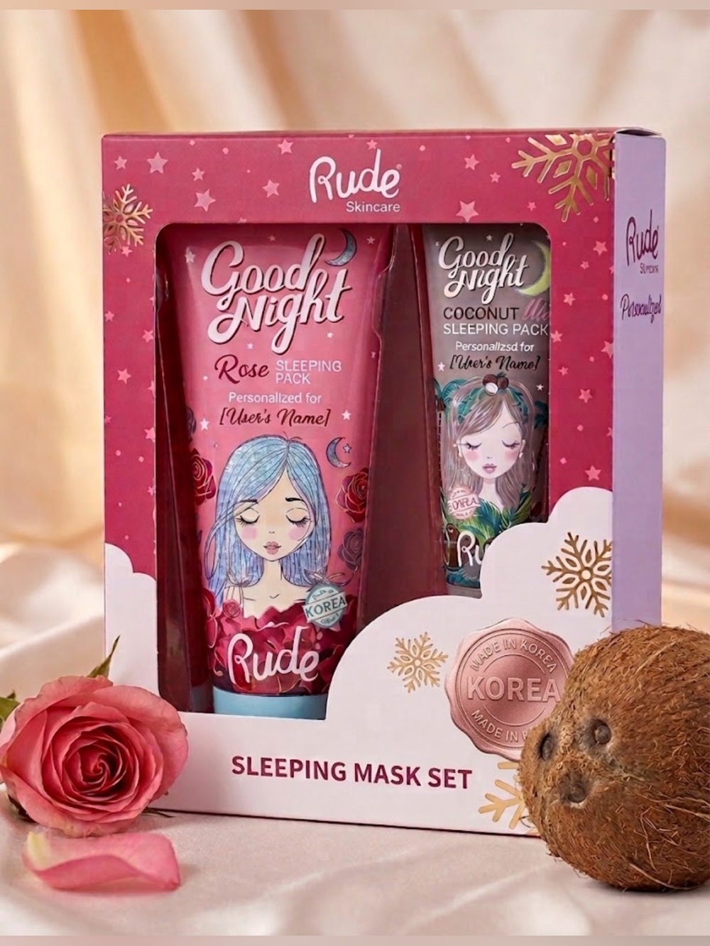 Rude Korean Skincare Good Night Sleeping Mask Set - Rose & Coconut 2 Pc Set NIB
